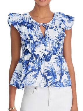 Aqua Blue White Floral Ruffle Peplum Top